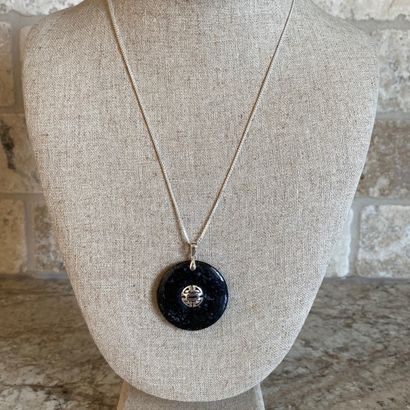 Vintage Jewelry - Vintage Chinese Sterling Black Disc Pendant